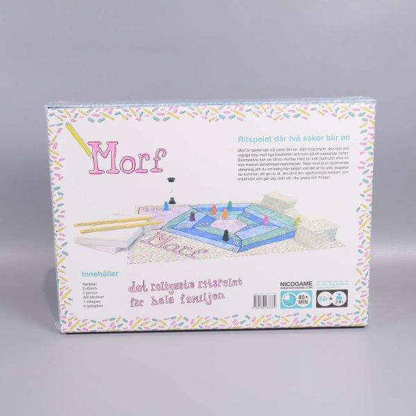 Baksidan av spelet Morf med innehållsförteckning och illustrationer