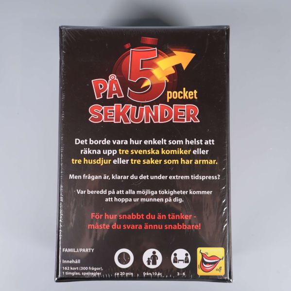 Baksidan av På 5 sekunder pocketspel med svensk text och ikoner
