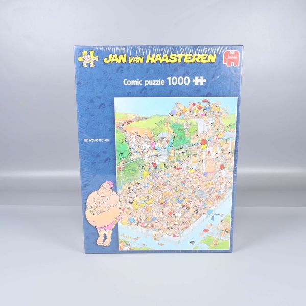 Framsidan av Jan van Haasteren pussel med färgstark illustration