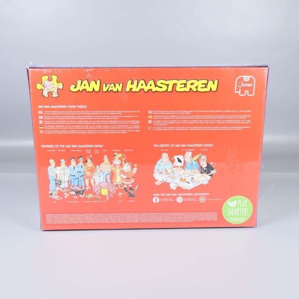 Baksidan av Jan van Haasteren pussel visar illustrationer och text