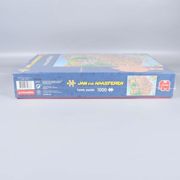 Sidan på Jan van Haasteren pussellåda med logotyper och bitantal