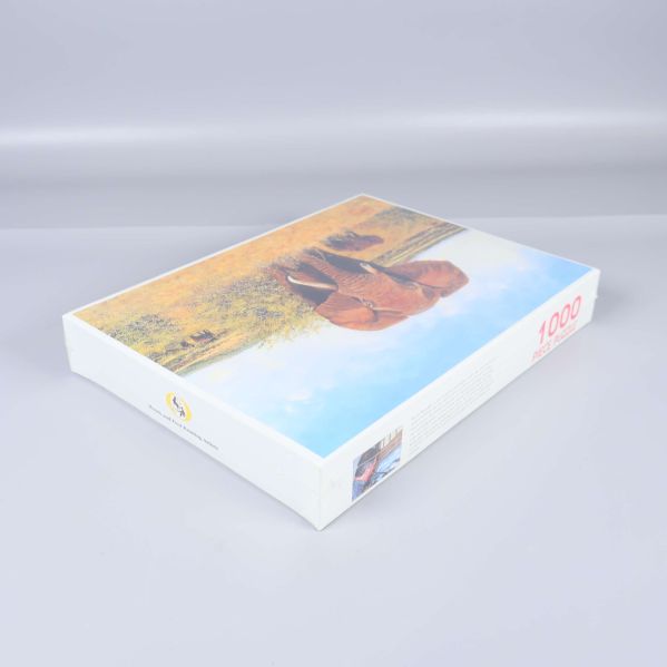 Perspektivvy av pussellådan med motivet synligt och 1000 piece puzzle-text