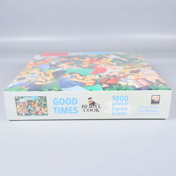 Sida av pussellåda, texten Good Times och 1000 bitar