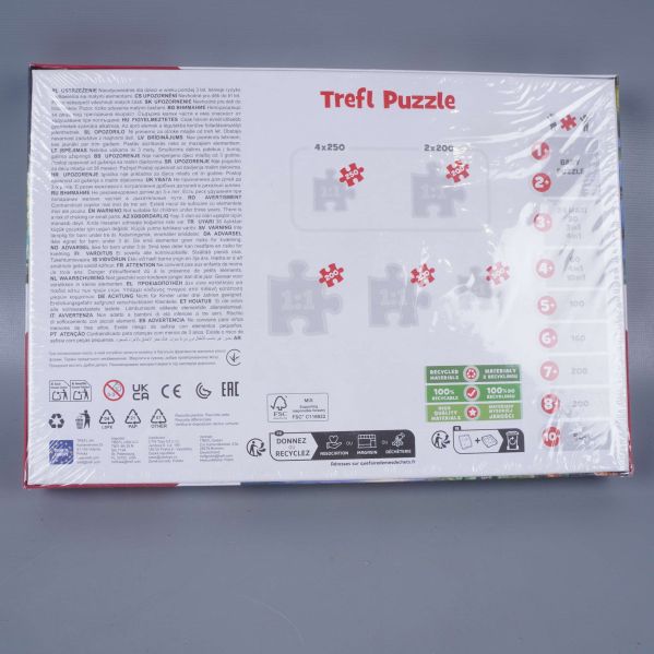Baksidan av Trefl pussellåda med information och säkerhetssymboler