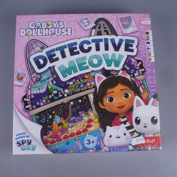 Framsidan av Gabby's Dollhouse Detective Meow sällskapsspel
