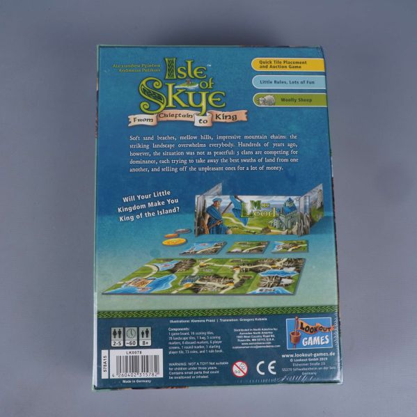 Baksida av Isle of Skye sällskapsspel med spelets innehåll