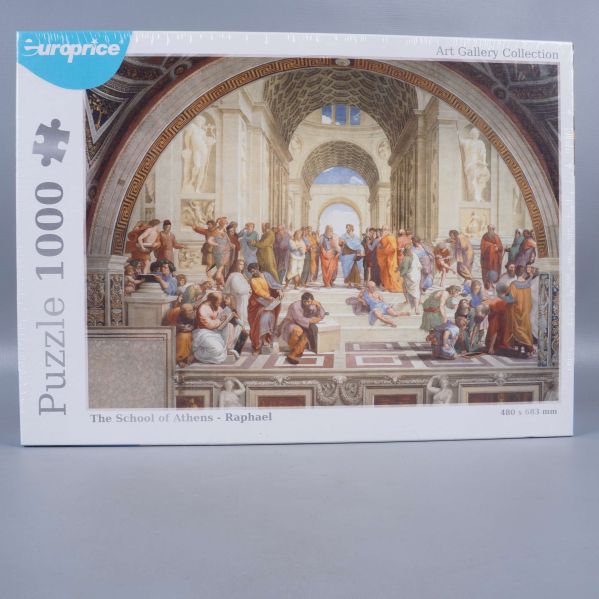 Framsidan av pusselask med motiv av The School of Athens