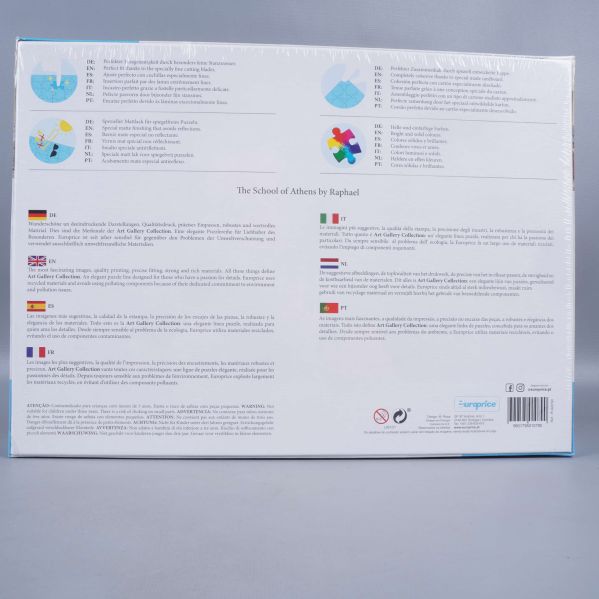 Baksidan av pusselask med flera språk och information