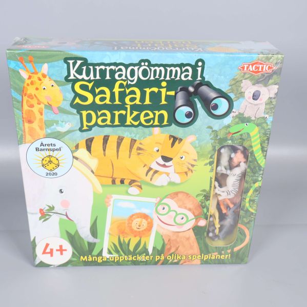 Framsidan på sällskapsspelet Kurragömma i Safariparken med djur och detaljer