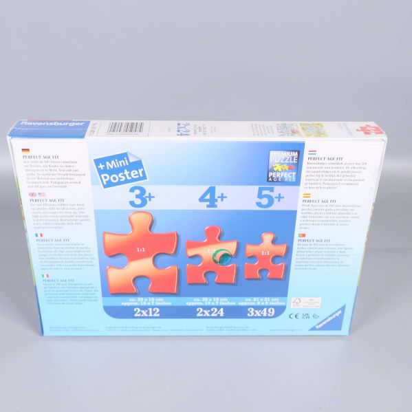 Baksida av pusselask visar olika pussel och åldersrekommendationer