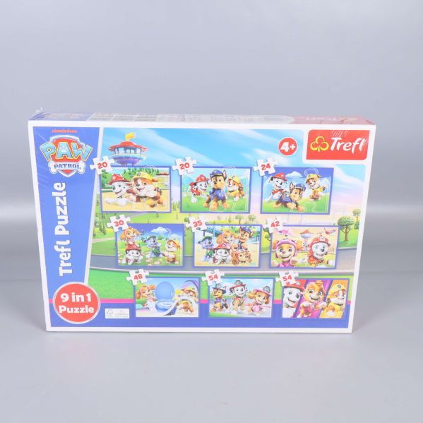 Baksida av Paw Patrol Trefl pussel, visar nio motiv