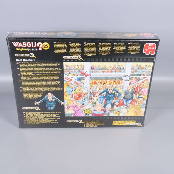 Baksidan av Wasgij pusselbox med bild och information