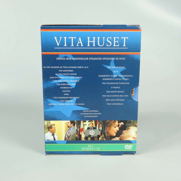 Baksida av Vita huset DVD-box med episodlista och bilder