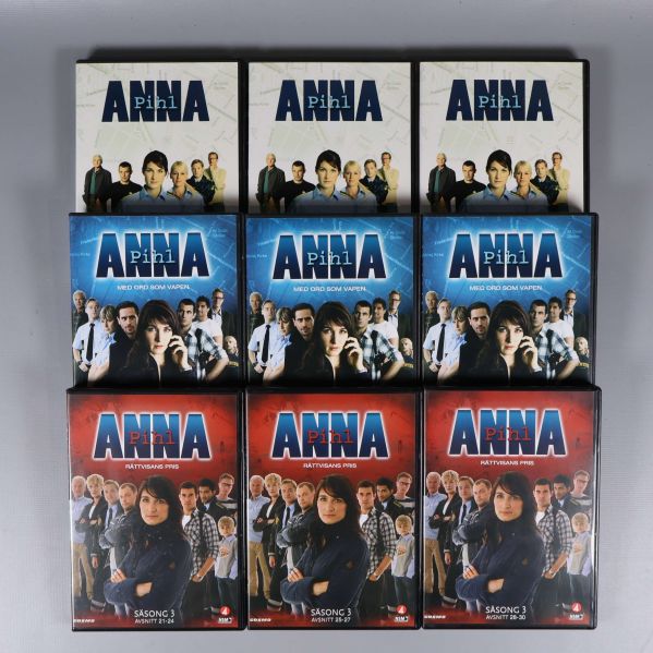 Framsidor av Anna Pihl säsong 1, 2 och 3 i dvd-format