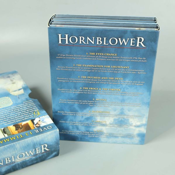 Hornblower inre fodral baksida med avsnittslista