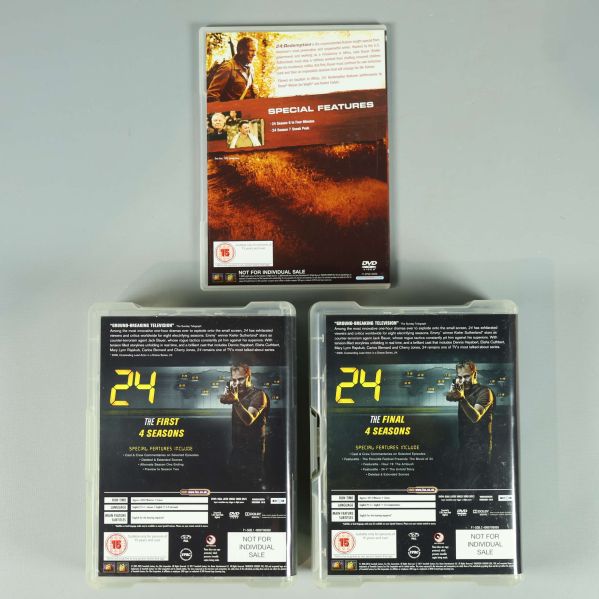 Baksidor av de tre dvd-fodralen för 24 och Redemption