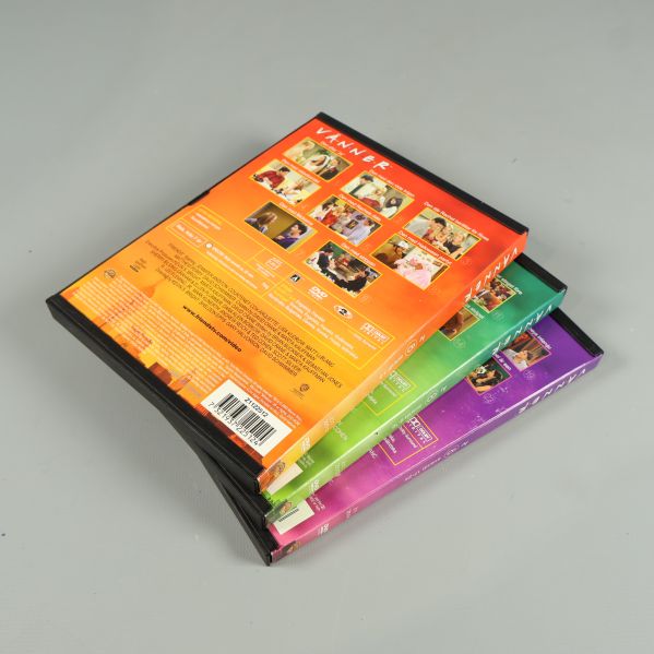 Staplade Vänner DVD-fodral sedda bakifrån