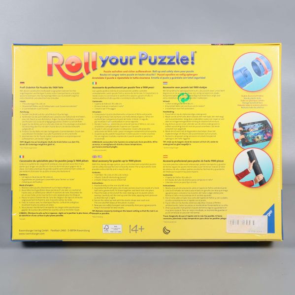 Baksida av pusselmatta med instruktioner och illustrationer