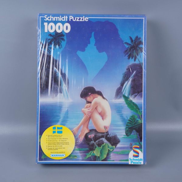 Framsidan av pussel med blått lagunmotiv och 1000 bitar