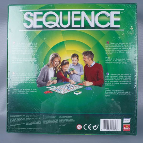 Baksidan på Sequence-spel med spelfamilj
