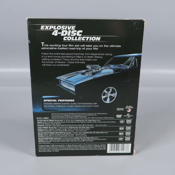 Fast & Furious 4-disc DVD-box baksida med filminfo och bilgrafik