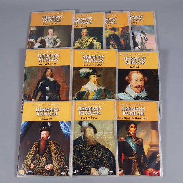 Nio olika DVD-omslag från Hermans Kungar utspridda