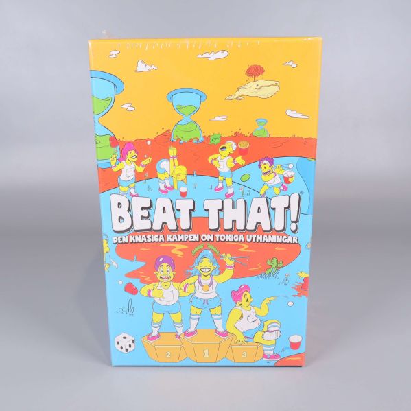 Framsidan av Beat That med lekfull grafik och spelkaraktärer