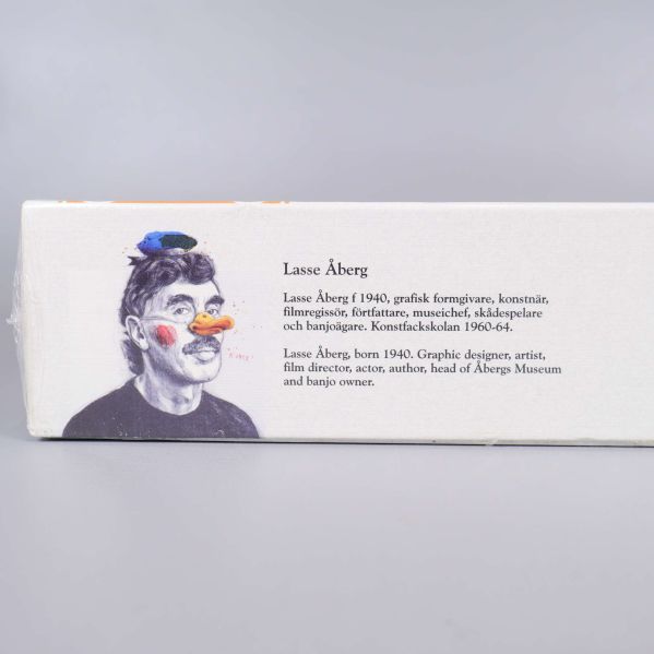 Illustration och text om Lasse Åberg på pusselkartong