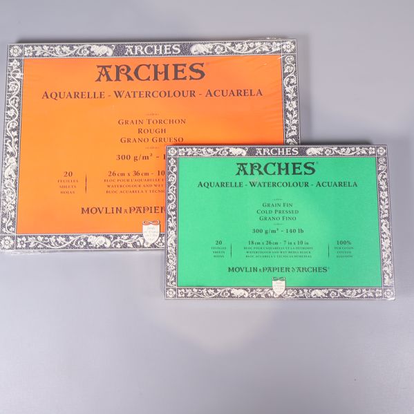 Två paket akvarellpapper från Arches i olika storlekar