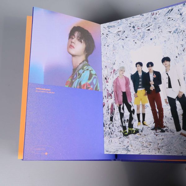 Fotobok uppslagen med färgglada foton på medlemmar