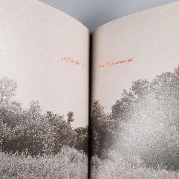 Konstnärlig svartvit sida med citat och naturmotiv