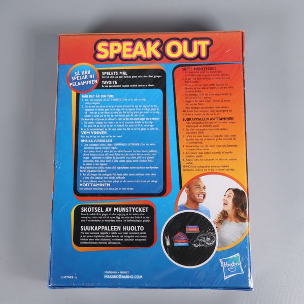 Baksida av Speak Out spelbox med instruktioner och bilder