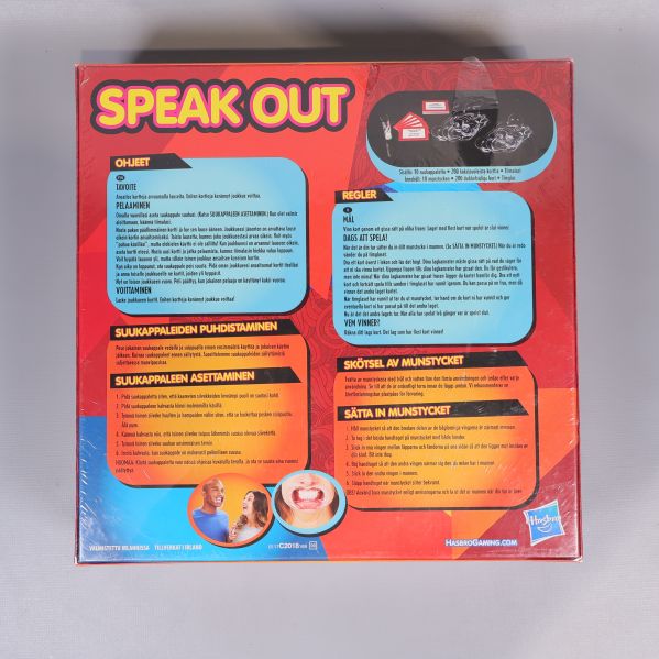 Speak Out förpackningens baksida med instruktioner och bild