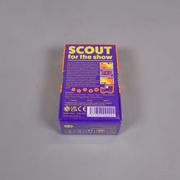 Scout kortspel baksida med spelspecifikationer