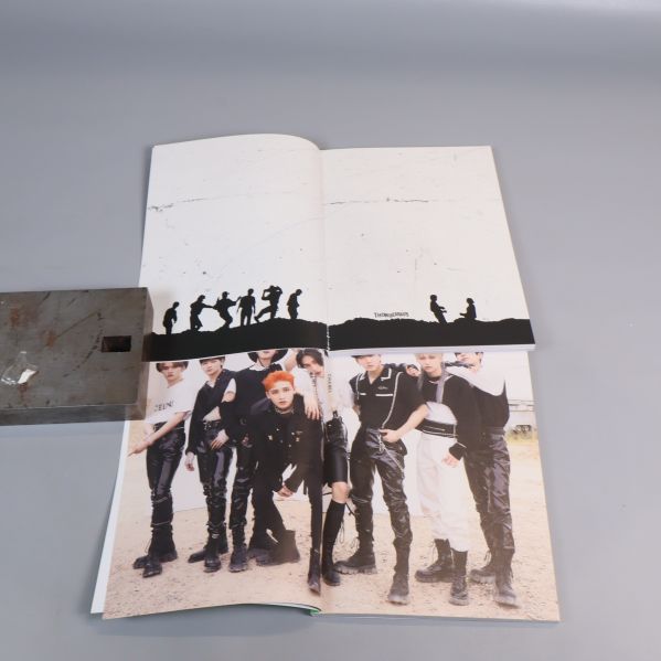Uppslag med gruppbild av kpop medlemmar i albumhäfte