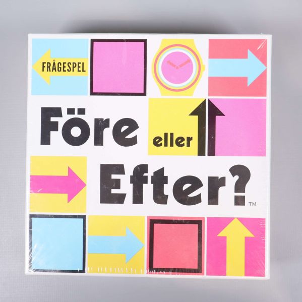 Före eller Efter? spelbox framsida med färgglada pilar
