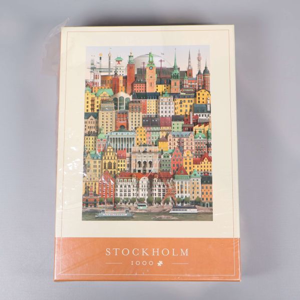 Pusselask med illustration av Stockholms byggnader, 1000 bitar