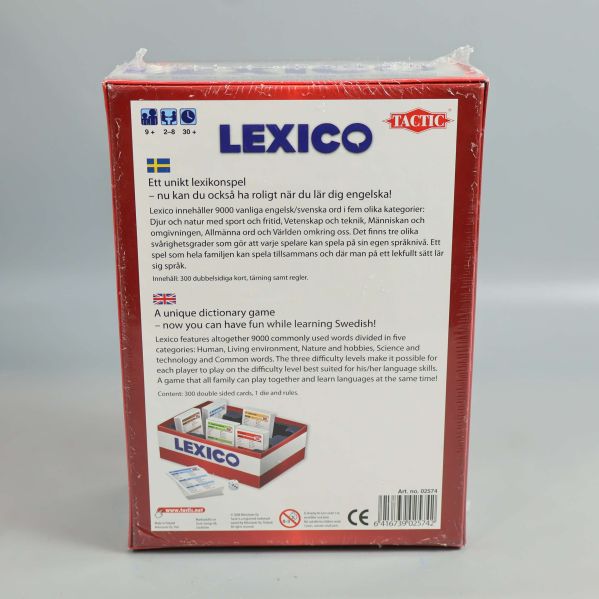 Baksidan av Lexico spel med instruktioner på svenska och engelska