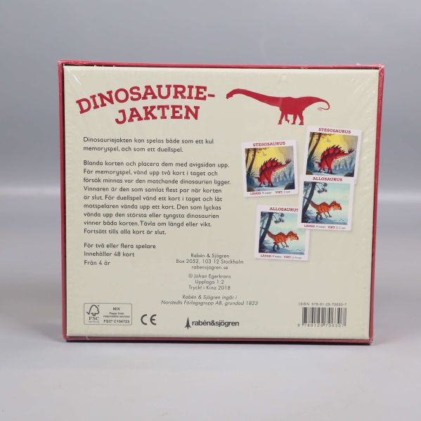Baksidan av spelboxen Dinosauriejakten med spelinformation