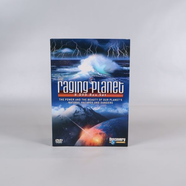 Framsidan av The Raging Planet DVD-box med dramatisk naturillustration
