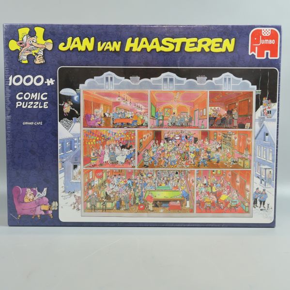 Framsidan av Jan van Haasteren pussel med färgglatt husmotiv och Jumbo-logga