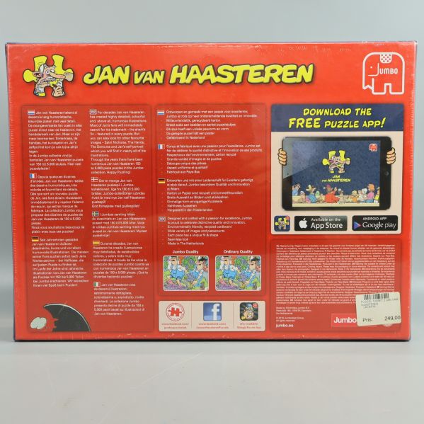 Baksidan av Jan van Haasteren pusselkartong med information och appar