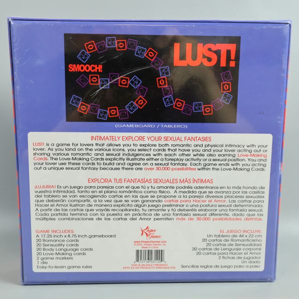 Baksidan av spelet Lust med spelplan och beskrivning