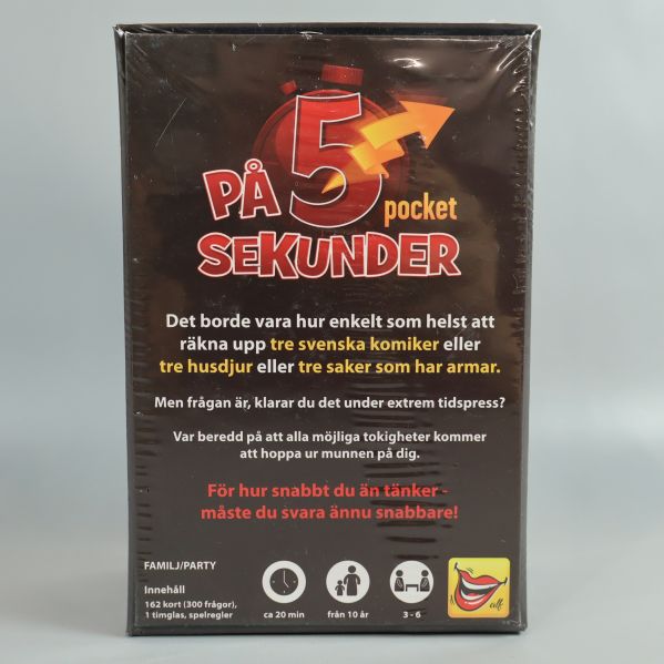 Baksida av På 5 sekunder pocket med spelinformation
