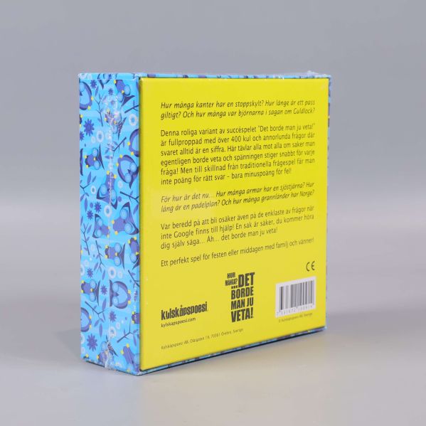 Baksidan av frågespelsbox med gul textyta
