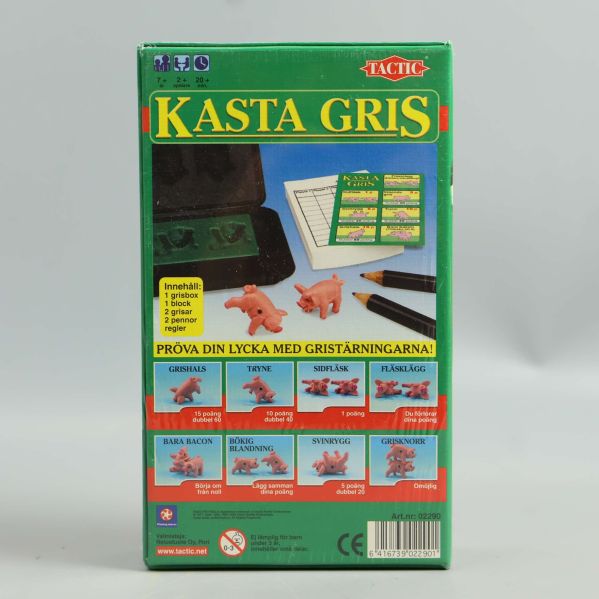 Baksidan av Kasta Gris-lådan visar innehåll och regler