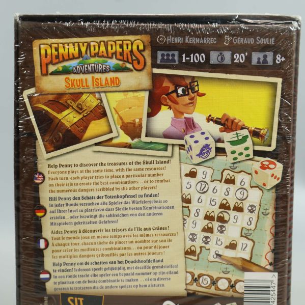 Baksidan av Penny Papers Skull Island med spelregler och illustration