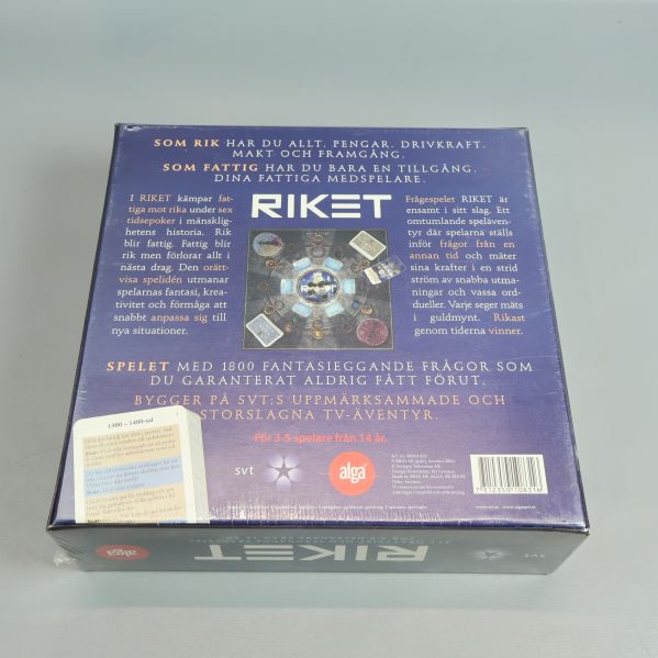 Baksidan av Riket spelask med beskrivning och information