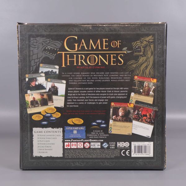 Baksida av Game of Thrones brädspel med spelkort och beskrivning