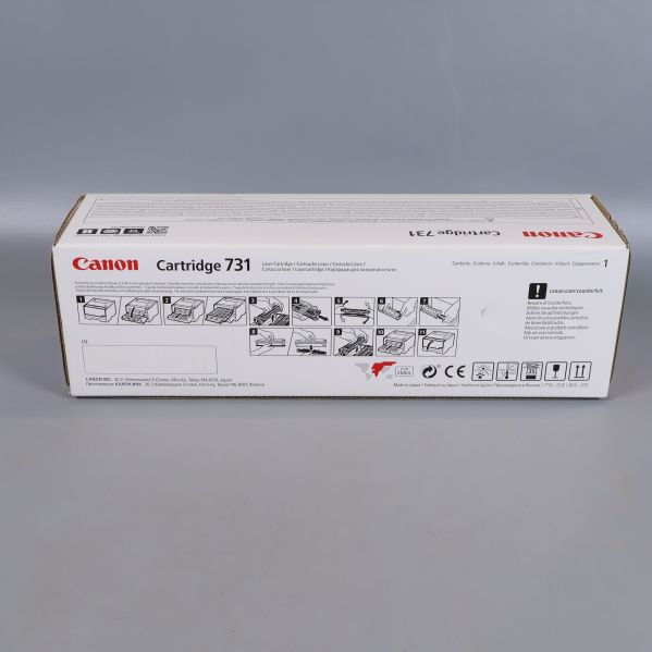 Baksidan av Canon Cartridge 731-lådan med instruktioner för installation